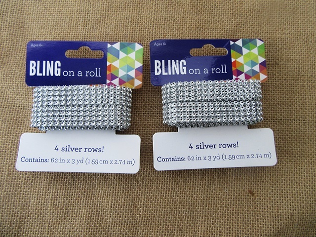 6Sheets 4 Silver Row Diamond Mesh Rhinestone Ribbon Crystal Wrap - Click Image to Close