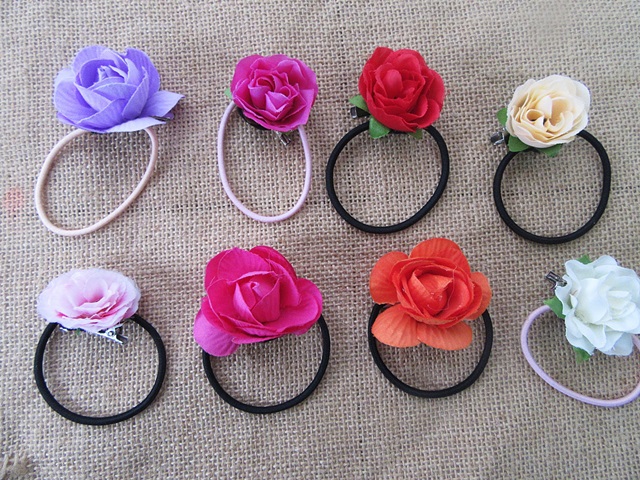 60Pcs Rose Flower Elastic Hair Band Hair Tie Mixed Color - Click Image to Close