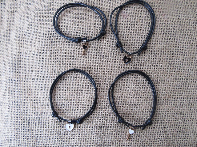 12Packs Fashion Leather Drawstring Lock & Key Pendant Bracelets - Click Image to Close