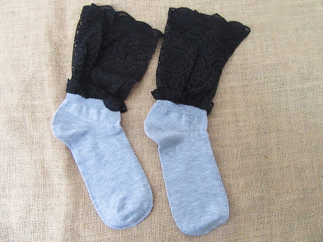 4Prs Fashion Black Cotton Lace Ankle Socks Hosiery - Click Image to Close