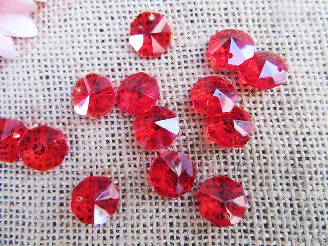 100 Red Crystal Faceted Double-Hole Suncatcher Beads 14mm - Click Image to Close