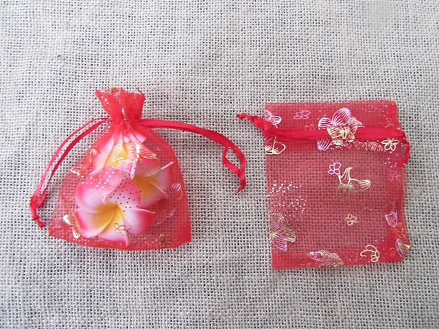 100Pcs Red Butterfly Drawstring Organza Jewelry Gift Pouches - Click Image to Close