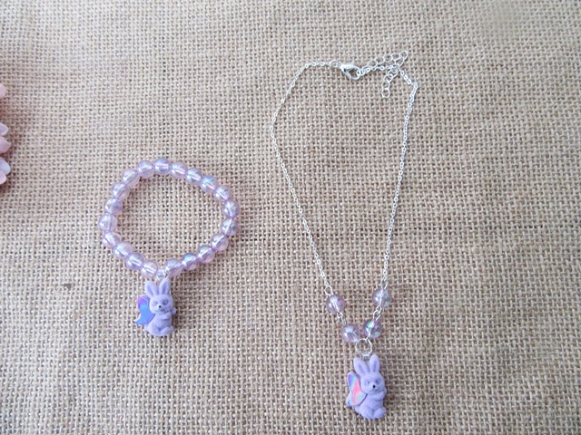 8Set Rabbit Metal Chain Necklace Purple Beaded Bracelet Set - Click Image to Close