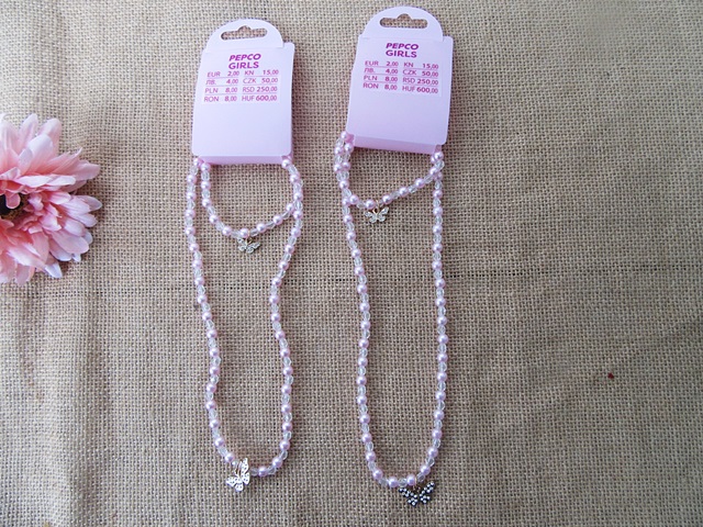 8Set Pink Beaded Necklace Bracelet Butterfly Pendant Set - Click Image to Close
