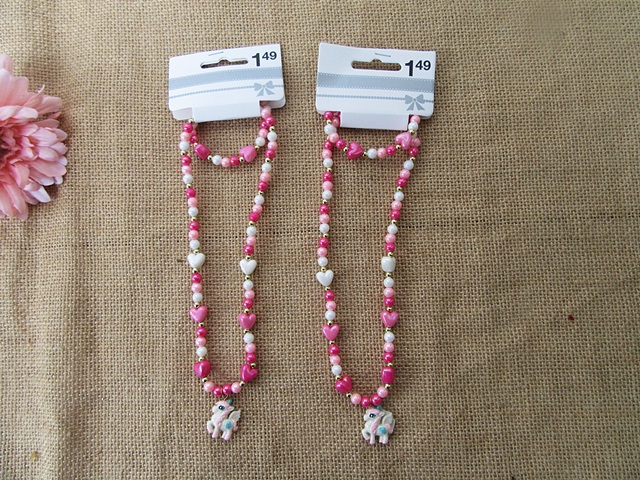 12Set White Pink Beaded Necklace Bracelet Unicorn Pendant Set - Click Image to Close