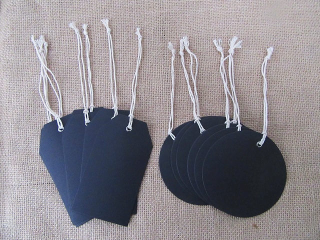 12Packs x 6Pcs Black Chalkboard Tags with Hemp Cord Assorted - Click Image to Close