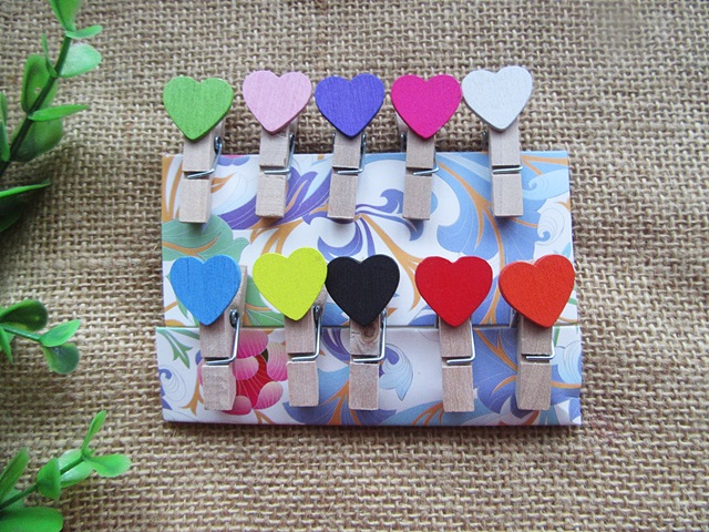 5Sheets x 10Pcs Heart Wooden Clothespin Craft Clips Office Stati - Click Image to Close