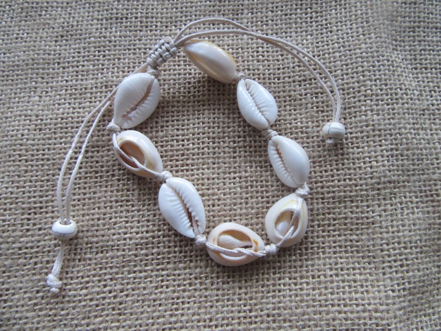 6Pcs Natural Handmade Knitted Drawstring Bracelets w/Shell Beads - Click Image to Close