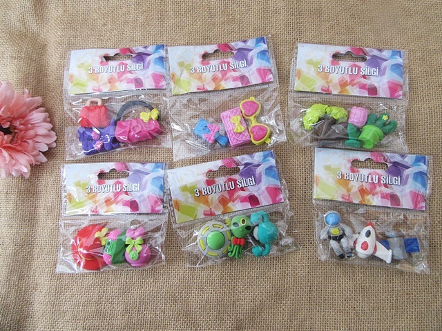 6Sheets x 3Pcs 3D Novelty Pencil Erasers Stationery Set Gift