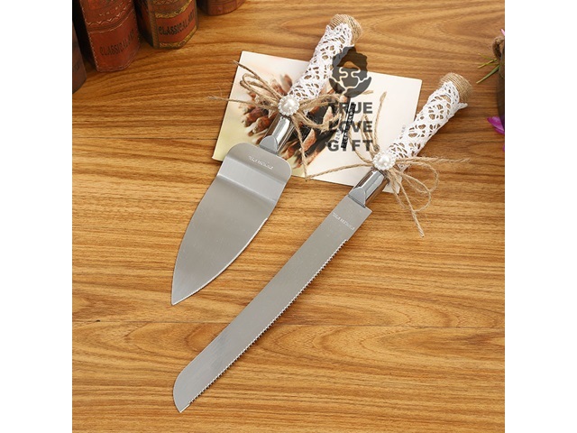 1X Wedding Cake Knife & Serving Set - Burlap Handle Gift Boxed - Click Image to Close