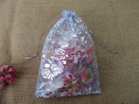 100Pcs White Rose Printed Drawstring Jewelry Gift Pouches 21x14.