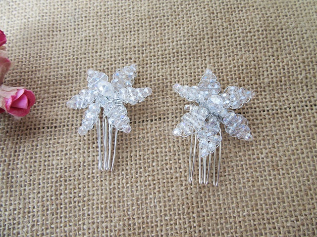 6Pcs Clear Beaded Flower Hair Comb Hair Decor Accessories - Click Image to Close