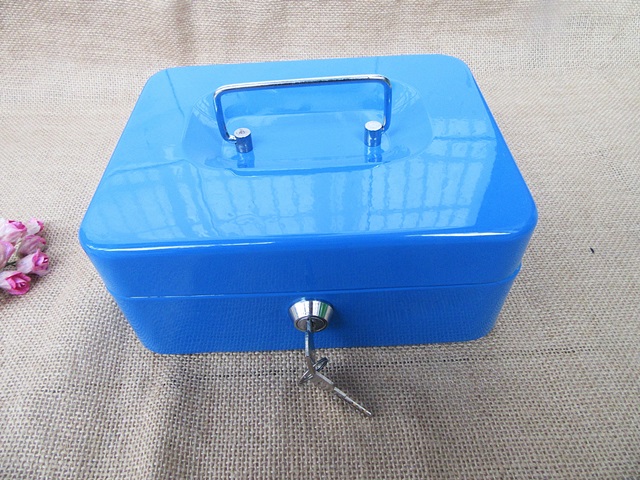 1Pc Blue Cash Box Lockable Key Money Organizer with Handle - Click Image to Close