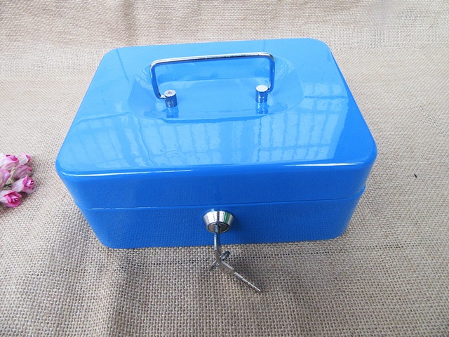 1Pc Blue Cash Box Lockable Key Money Organizer with Handle