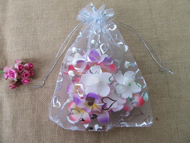 100Pcs White Heart Printed Drawstring Jewelry Gift Pouches 23x17 - Click Image to Close