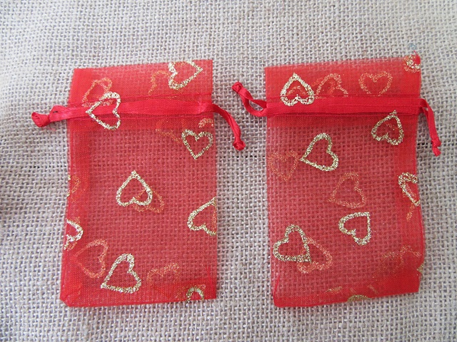 100Pcs Red Heart Printed Drawstring Jewelry Gift Pouches 11x7cm - Click Image to Close