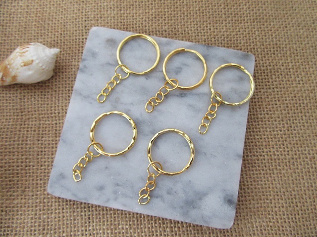 100 Golden Plated Split Key Ring Keyrings with Chain 25mm Dia. - Click Image to Close