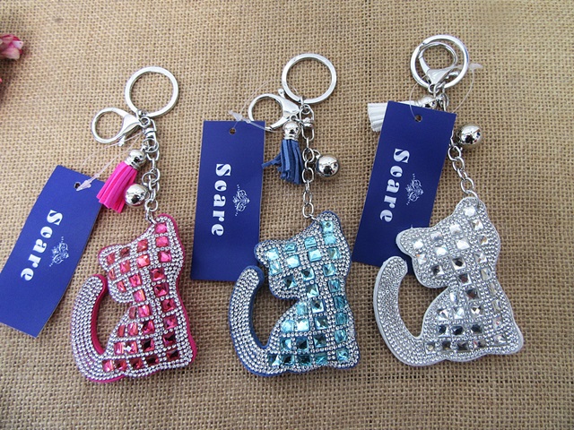 6Pcs Shiny Rhinestone Kitten Cat Tassels Key Chain Bag Accessori - Click Image to Close