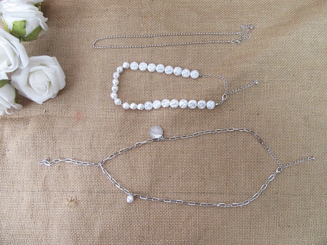 6Packs x 3Pcs Metal Silver Pearl Chain Mixed Necklace Jewellery - Click Image to Close