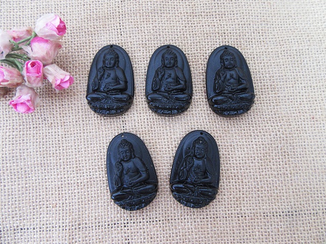 10Pcs Natural Black Obsidian Buddha Bead Pendant For DIY - Click Image to Close