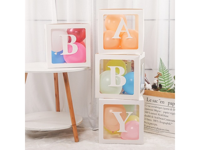 1Setx 4Pcs White BABY Balloon Clear Box Party Baby shower deco
