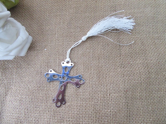 12Pcs Silver Cross Design Bookmark w/White Tassel Party Souvenir - Click Image to Close