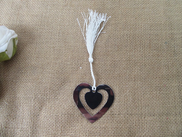12Pcs Silver Love Heart Design Bookmark w/White Tassel Party Fav - Click Image to Close