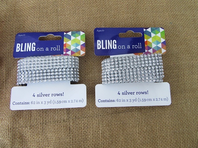 12Rolls 4 Silver Rows Diamond Mesh Rhinestone Ribbon Crystal Wra - Click Image to Close