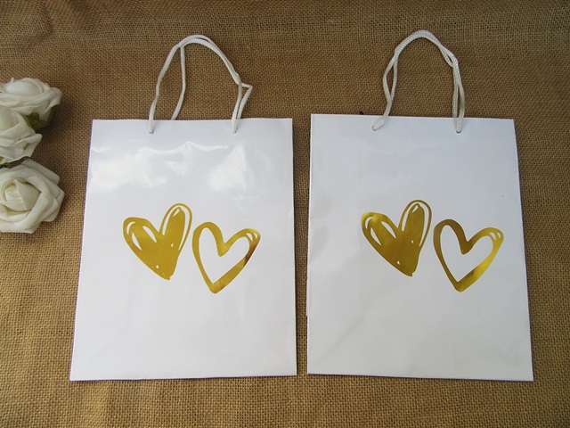 12Pcs White Gift Bag w/Golden Heart Design Paper Bag Gift Bag - Click Image to Close