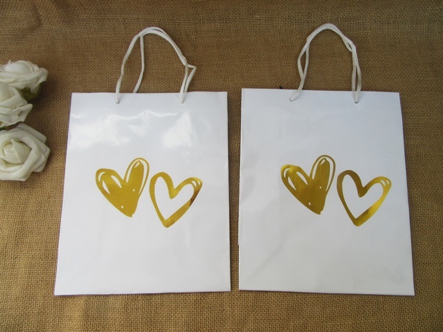 12Pcs White Gift Bag w/Golden Heart Design Paper Bag Gift Bag