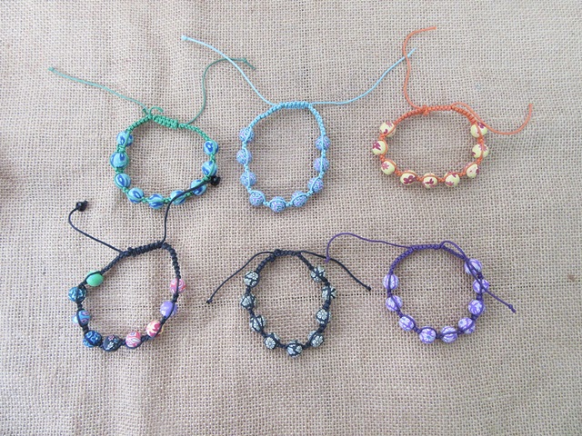 12Pcs Kids Round Polymer Clay Beads Drawstrings Bracelet Assorte - Click Image to Close