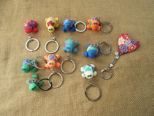 12Pcs Handmade Polymer Clay Tortoise Etc Key Ring Keyrings - Click Image to Close