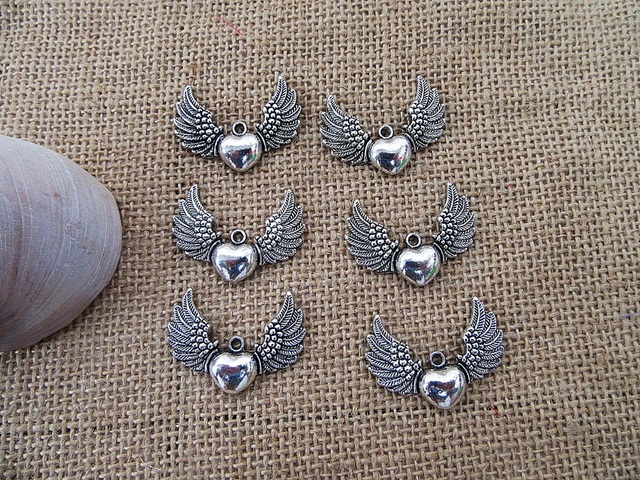 100Pcs New Winged Heart Beads Charms Pendants Jewellery Findings