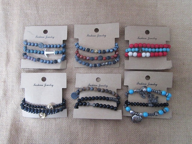6Sheets x 3Pcs Round Beads Stone Elastic Bracelet Fashion Jewell