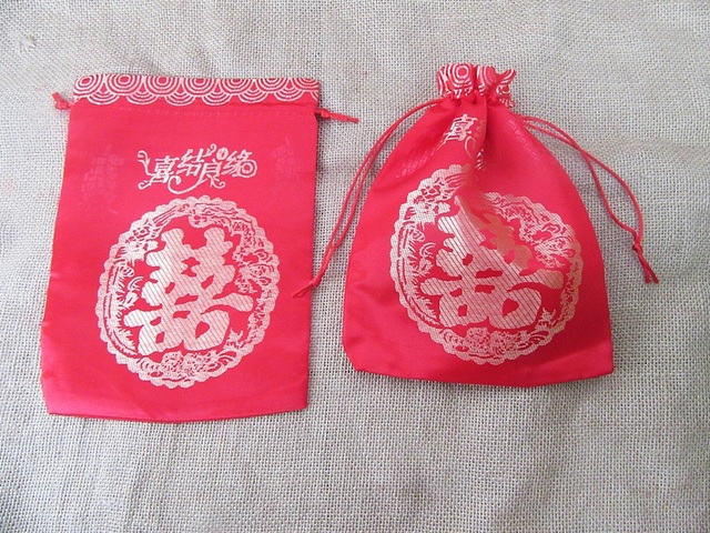 (image for) 50Pcs Red Double Happiness Candy Bag Jewellery Pouch Drawstring