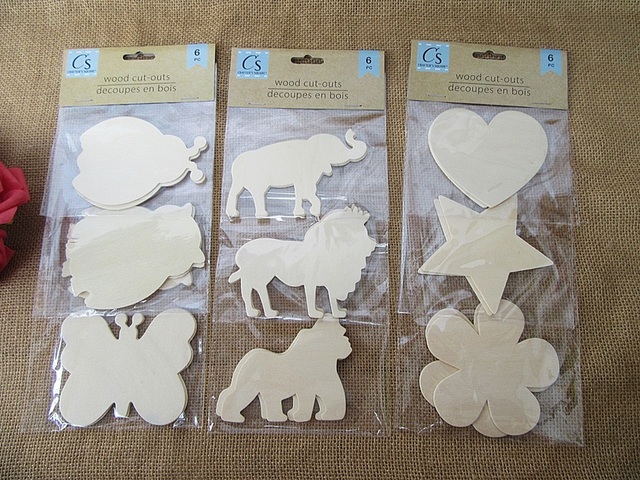 6Packs x 6Pcs Wood cut-outs Scrapbooking for Kids Art