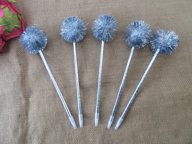 12Pcs Silver Poms Ball Pens Ball Point Pen Purple Ink Office