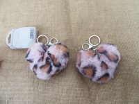 6Pcs Faux Animal Print Fur Heart Design Keychains Key Rings