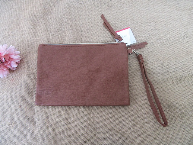 1Pc New Plain Brown Simple Purse Travel Bag Zipper Handbag - Click Image to Close