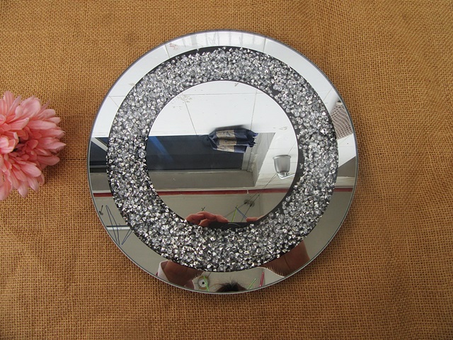 1Pc Round Mirror w/Bling Crystal Diamond Wedding Table Centre - Click Image to Close