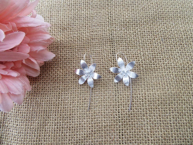 6Pcs (3Prs) Romantic Silver Color Large Flower Dangle Long 6Pcs (3Prs) Romantic Silver Color Large Flower Dangle Long