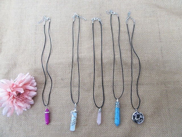 6Pcs Gemstone Pendant Hexagon Prism Beads Charms Various Design - Click Image to Close