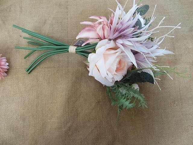 1Bunch x 9Pcs Pink Artificial Silk Flower Rose Bridal Wedding Bo