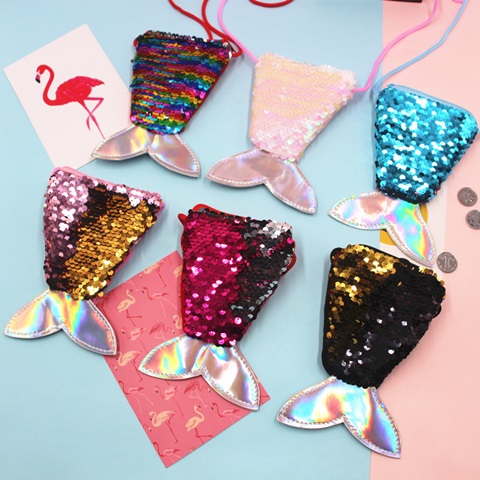 6Pcs Kids Shiny Sequined Mermaid Tail Coin Purse Wallet Sling - Click Image to Close