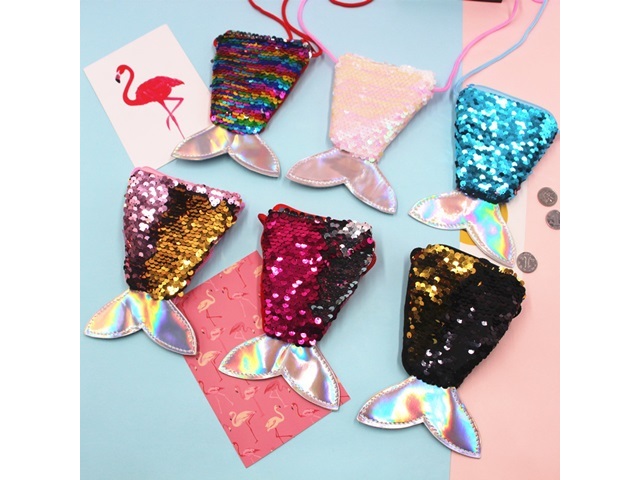 6Pcs Kids Shiny Sequined Mermaid Tail Coin Purse Wallet Sling - Click Image to Close