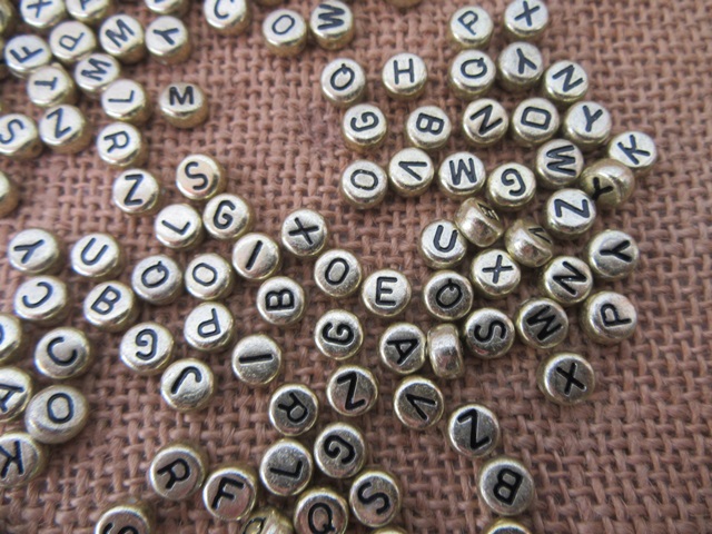 950 Golden Flat Round Alphabet Letter Beads 6mm with Can - Click Image to Close
