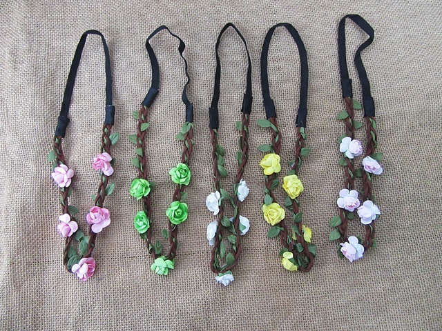 12Pcs Flower On Elastic Head Band Head Hoop Hair Garland Wreath - Click Image to Close