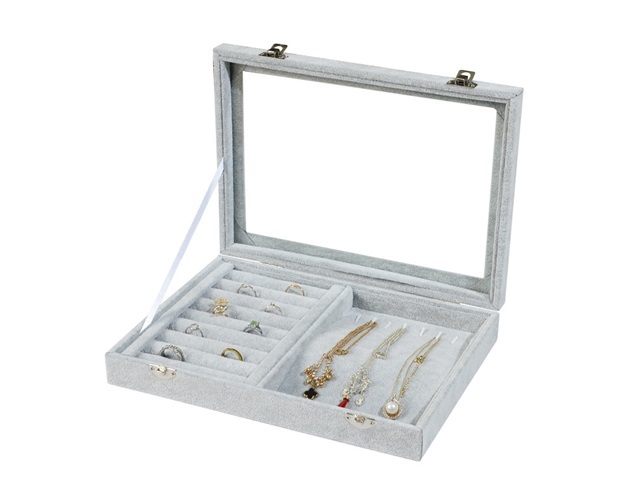 1Pc Grey 2in1 Ring Necklace Display Plate Jewellery Case w/Lid