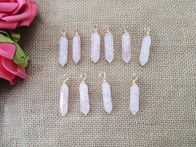 10 Gold Wire Wrapped Rose Quartz Pendant Hexagon Prism Beads