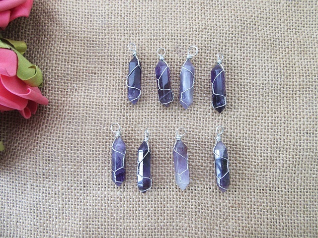 10 Silver Wire Wrapped Amethyst Pendant Hexagon Prism Beads